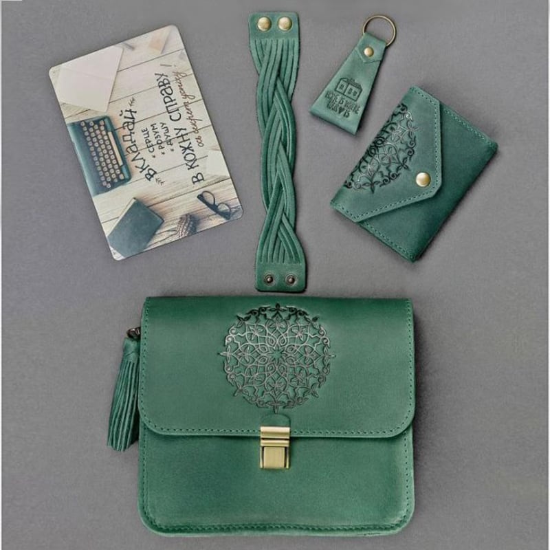 Женская кожаная сумка набор 3 в 1 Mandala Green Leather