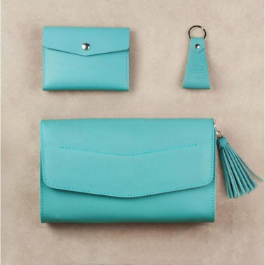 Жіноча шкіряна сумка в наборі 3 в 1 Clutch Turquoise Leather
