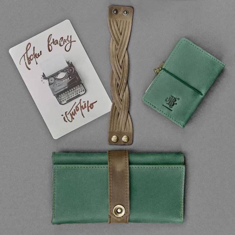 Кошелек женский в наборе 3 в 1 Purse Green Leather