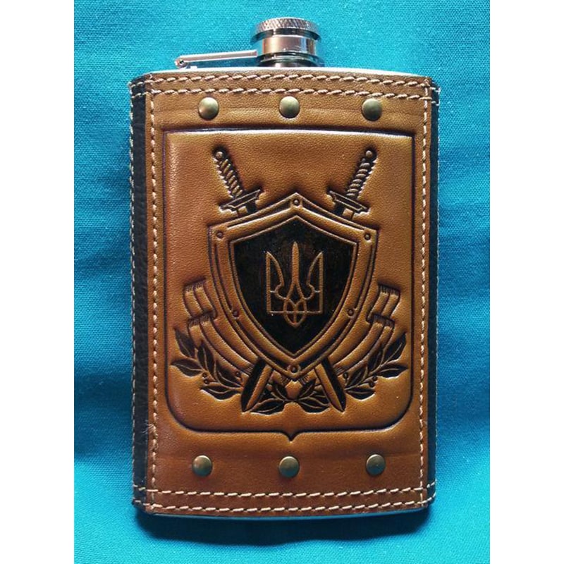 Фляга для алкоголю подарункова Герб України brown leather